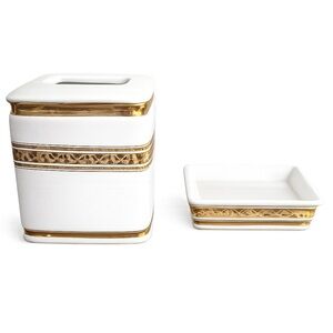 2 / $40 VTG White & Gold Porcelain Vanity Set | Tissue Box Cover + Trinket Dish